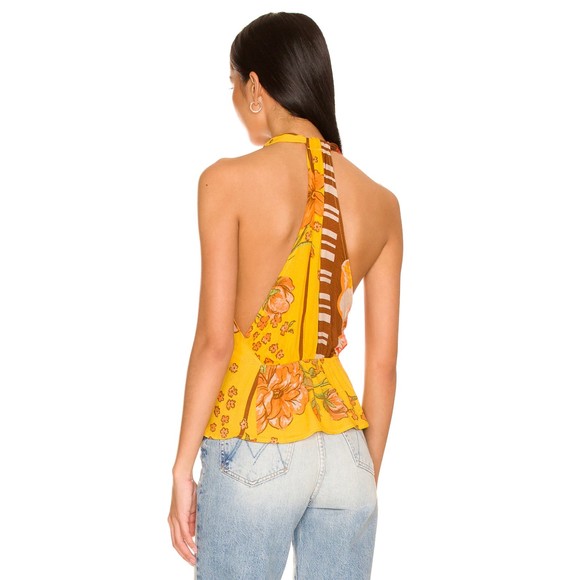 Free People Hot Tropics Tank Top XS Floral Print Halter Yellow Boho Chic New - Picture 3 of 5